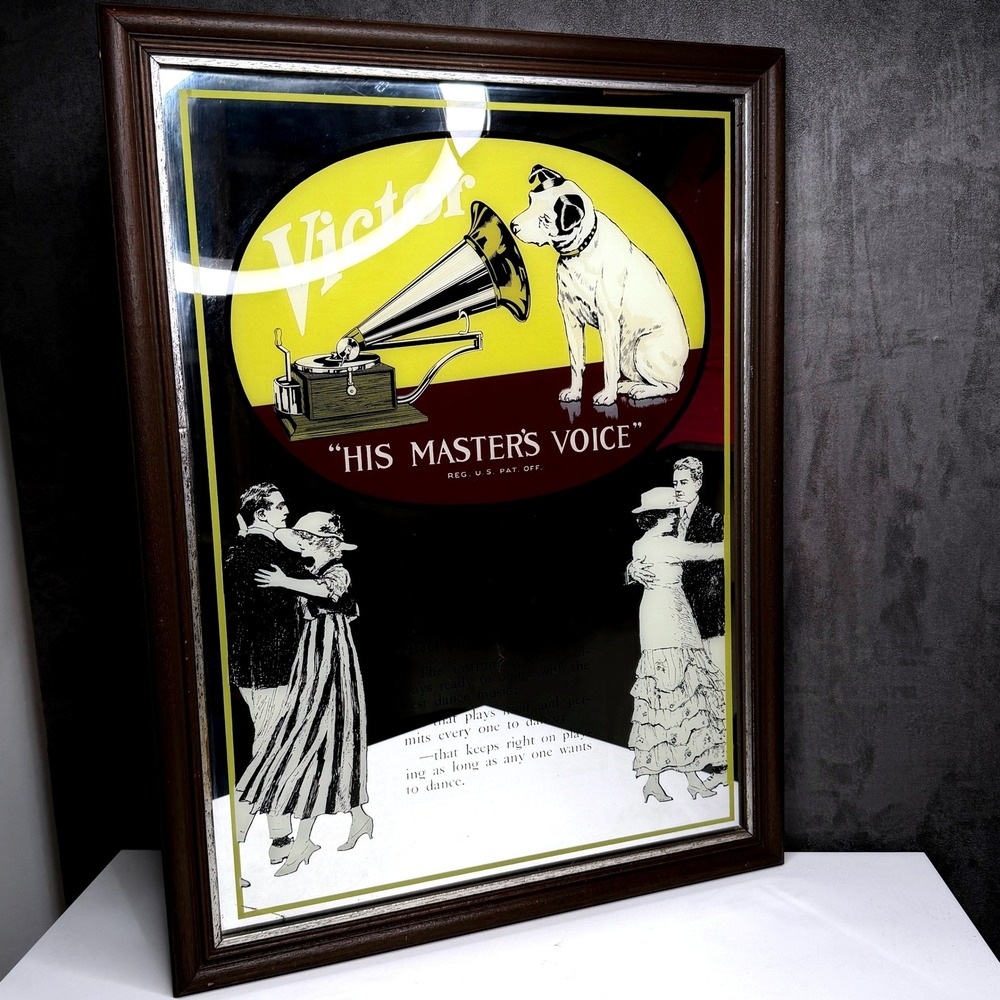 Vtg Victor His Masters Voice Advertising Mirror Nipper Dog Victrola RCA Rare